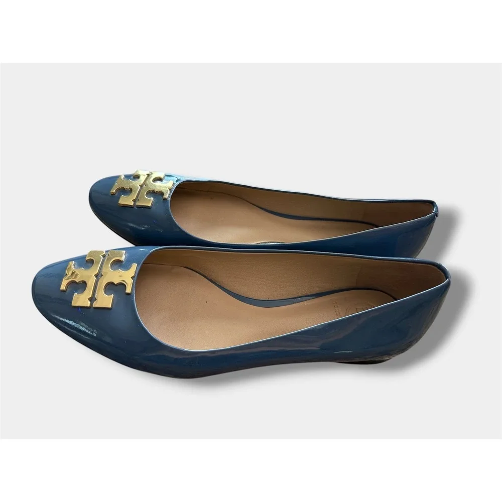 Tory Burch Reva Ballet Flats sz 7M Blue Patent Leather Gold Logo‎ Medallion Good